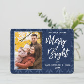 Merry and Bright Blauwe Breipatroon Foto Feestdagenkaart (Staand voorkant)