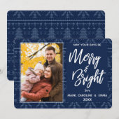Merry and Bright Blauwe Breipatroon Foto Feestdagenkaart (Voorkant / Achterkant)