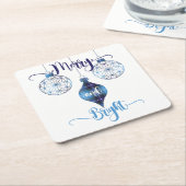 Merry and Bright Blauwe Geruite Versiering Kartonnen Onderzetters (Schuin)
