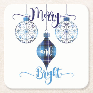 Merry and Bright Blauwe Geruite Versiering Kartonnen Onderzetters