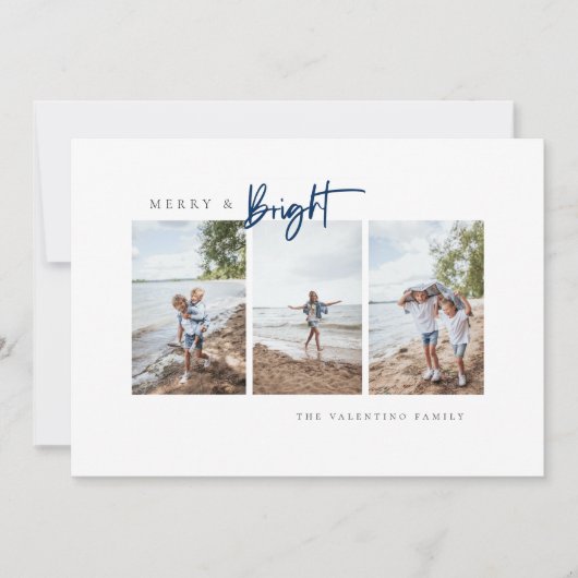 Merry and Bright Blue Modern Minimalist Photo Feestdagenkaart (Voorkant)