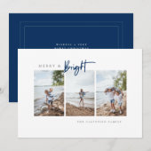 Merry and Bright Blue Modern Minimalist Photo Feestdagenkaart (Voorkant / Achterkant)