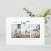 Merry and Bright Blue Modern Minimalist Photo Feestdagenkaart (Staand voorkant)