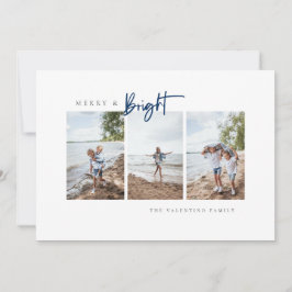 Merry and Bright Blue Modern Minimalist Photo Feestdagenkaart