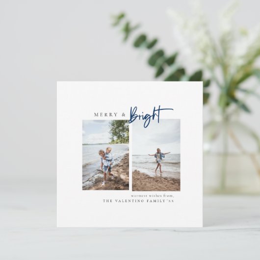 Merry and Bright Blue Modern Minimalist Photo Feestdagenkaart (Staand voorkant)