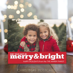 Merry and Bright Bold Modern Foto - rood wit Feestdagenkaart