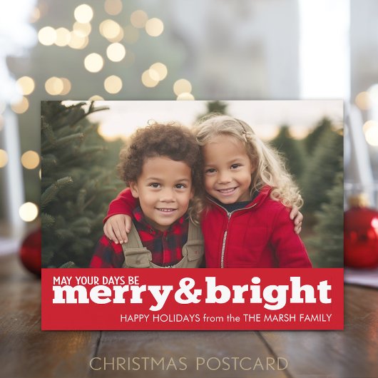 Merry and Bright Bold Modern Foto - rood wit Feestdagenkaart