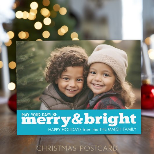 Merry and Bright Bold Modern Photo - blauw Feestdagenkaart