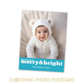 Merry and Bright Bold Modern Photo - Blue White Feestdagenkaart