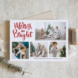 Merry and Bright Calligraphy Red Photo Collage Feestdagen Kaart