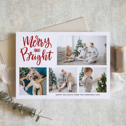 Merry and Bright Calligraphy Red Photo Collage Feestdagen Kaart