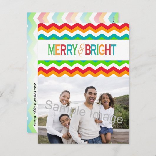 Merry and Bright Chevron Holiday | Vette kleuren Feestdagenkaart (Voorkant / Achterkant)
