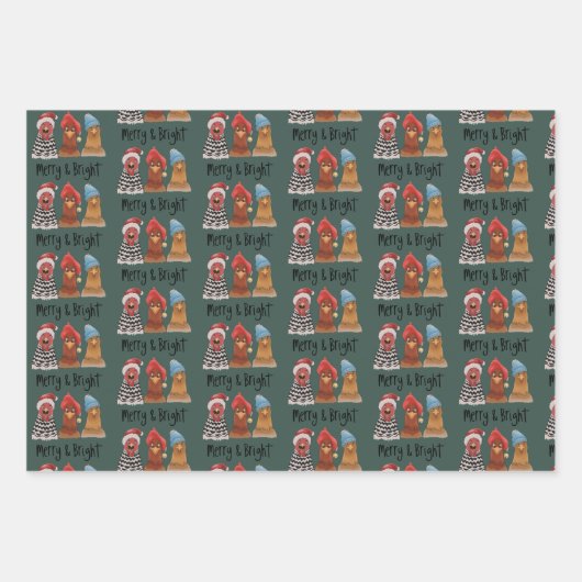 Merry And Bright Chickens Christmas Farm Animal  Inpakpapier Vel (Voorkant)