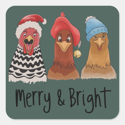 Merry And Bright Chickens Christmas Farm Animal  Vierkante Sticker (Voorkant)