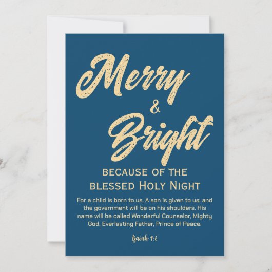 Merry and Bright Christmas Gold Beige Script Blauw Feestdagenkaart (Voorkant)