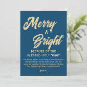 Merry and Bright Christmas Gold Beige Script Blauw Feestdagenkaart (Staand voorkant)