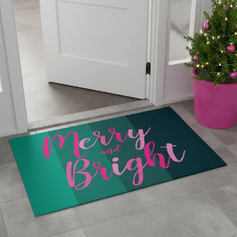 Merry and Bright Christmas Green Pink Deurmat