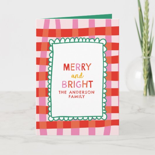 Merry and Bright Colorful Gingham aangepaste naam Feestdagen Kaart (Voorkant)
