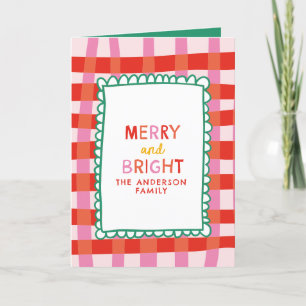 Merry and Bright Colorful Gingham aangepaste naam Feestdagen Kaart