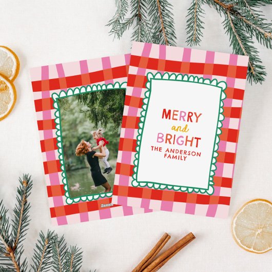 Merry and Bright Colorful Gingham aangepaste naam Feestdagenkaart