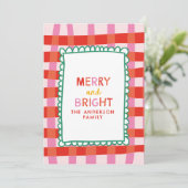 Merry and Bright Colorful Gingham aangepaste naam Feestdagenkaart (Staand voorkant)