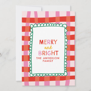 Merry and Bright Colorful Gingham aangepaste naam Feestdagenkaart