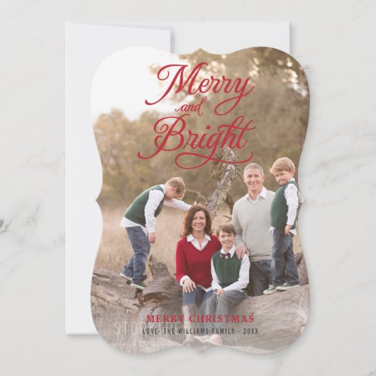 Merry and Bright Elegant Red Script Photo Collage Feestdagenkaart (Voorkant)