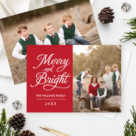 Merry and Bright Elegant Red Script Photo Collage Feestdagenkaart
