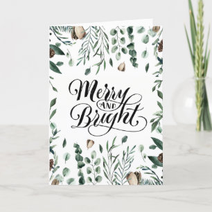Merry and Bright Elegant Script Magnolia Greenery Feestdagen Kaart