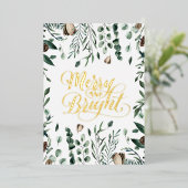Merry and Bright Elegant Script Magnolia Greenery Folie Feestdagenkaart (Staand Voorkant)
