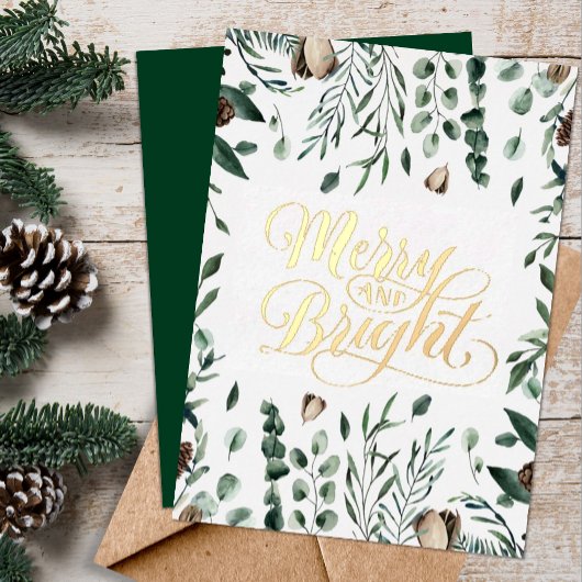 Merry and Bright Elegant Script Magnolia Greenery Folie Feestdagenkaart