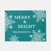 Merry and Bright Family Name Snowflake Blauwgroen Deurmat (Voorkant)