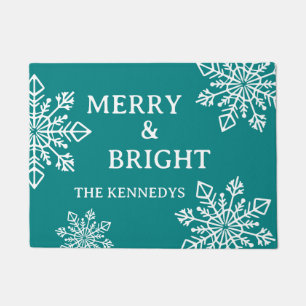 Merry and Bright Family Name Snowflake Blauwgroen Deurmat