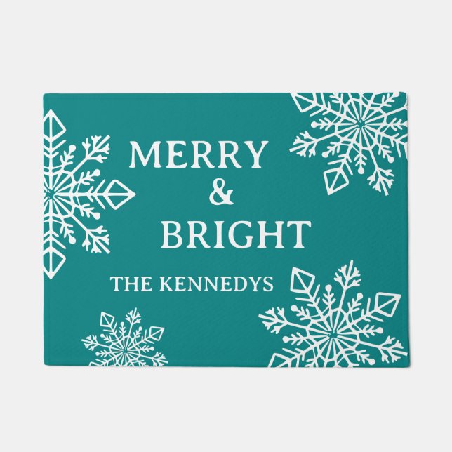 Merry and Bright Family Name Snowflake Blauwgroen Deurmat (Voorkant)