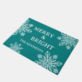 Merry and Bright Family Name Snowflake Blauwgroen Deurmat (Schuin)