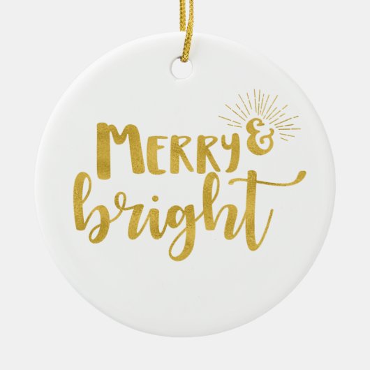 Merry and Bright Faux Gold Typografie Foto Keramisch Ornament (Voorkant)