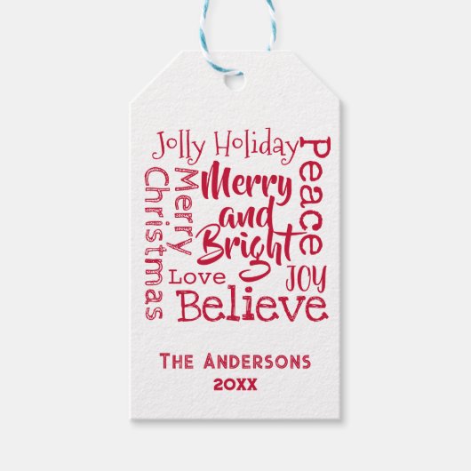 Merry and Bright Favorite Christmas Gezegden Rood Cadeaulabel (Voorkant)