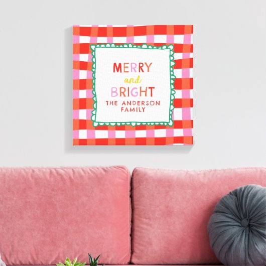 Merry and Bright Gepersonaliseerde Gingham Red & P Canvas Afdruk (Insitu (Woonkamer))