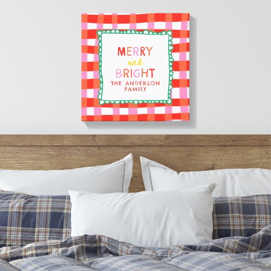 Merry and Bright Gepersonaliseerde Gingham Red & P Canvas Afdruk (Insitu (Slaapkamer))