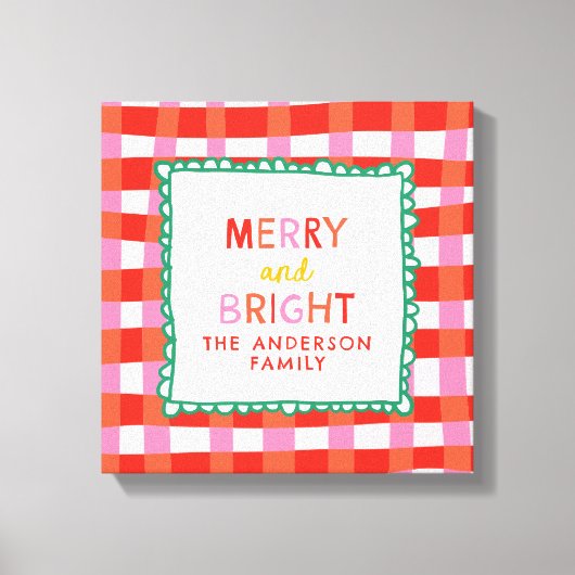 Merry and Bright Gepersonaliseerde Gingham Red & P Canvas Afdruk (Voorkant)