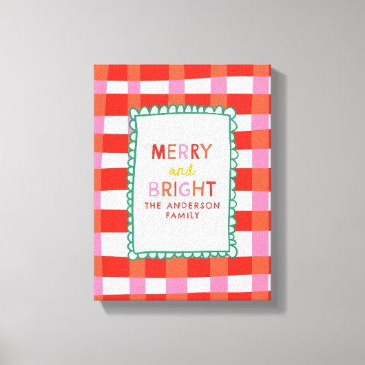 Merry and Bright Gepersonaliseerde Gingham Red & P Canvas Afdruk (Voorkant)