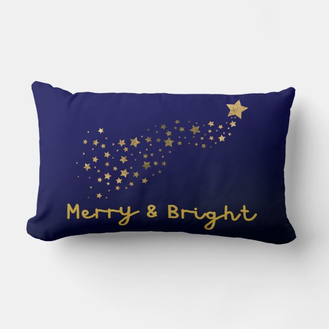 Merry and Bright Gold and Navy Blue Script Kussen (Voorkant)