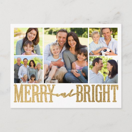 Merry and Bright Gold Foil Photo Collage Feestdagenkaart (Voorkant)