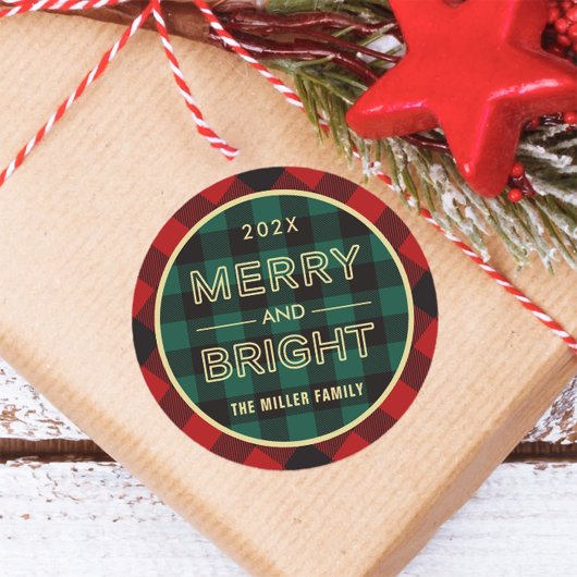 Merry and Bright Gold Green Red Pset Ronde Sticker