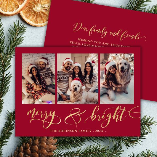 Merry and Bright Gold Script 3 Photo Red Christmas Feestdagenkaart