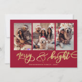 Merry and Bright Gold Script 3 Photo Red Christmas Feestdagenkaart (Voorkant)