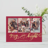 Merry and Bright Gold Script 3 Photo Red Christmas Feestdagenkaart (Staand voorkant)