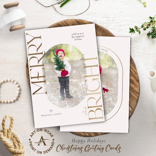 Merry and Bright Gold Typografie Blush Roze Lijst Kaart