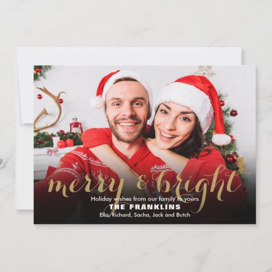 Merry and Bright Gouden Script 4 Foto Kerstkaarten Feestdagenkaart (Voorkant)
