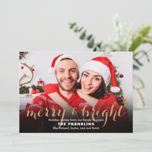Merry and Bright Gouden Script 4 Foto Kerstkaarten Feestdagenkaart (Staand voorkant)